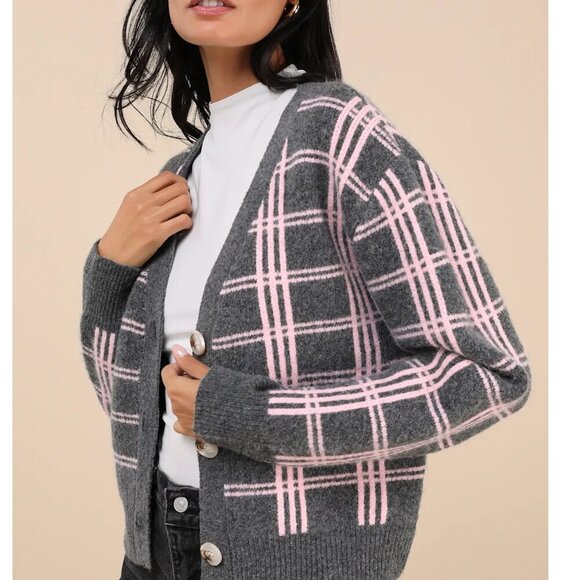 Lulus Sweaters - Lulus Ideal Crush Charcoal Grey And Pink Plaid Cardigan - Size L
